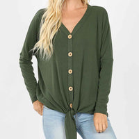 Plus size army green color button long sleeve top with tie at bottom.