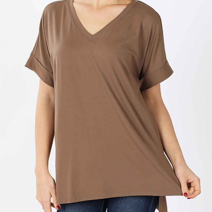 Plus size V-neck, short sleeve, mocha color comfort top.