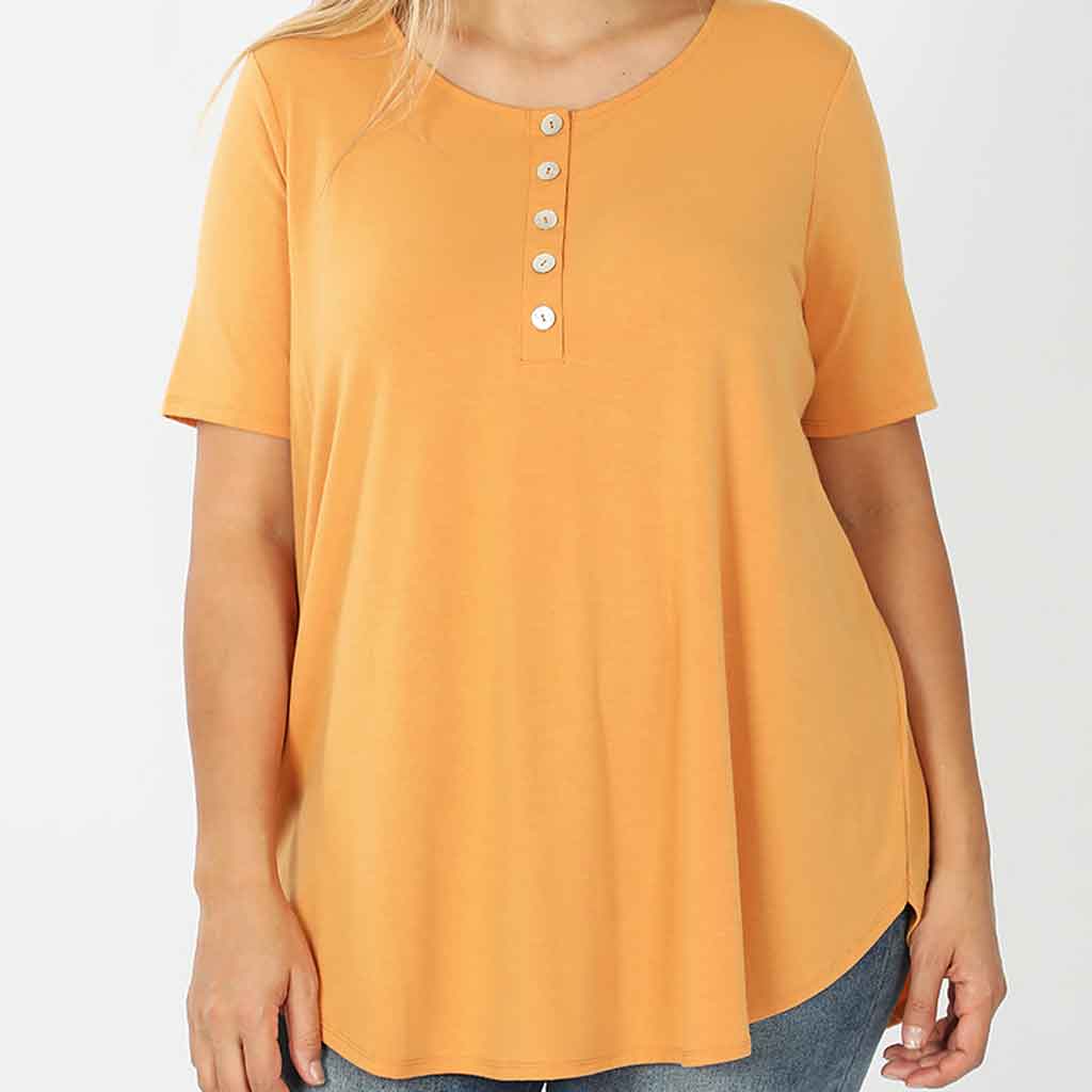 Plus size ash mustard button front comfort blouse.