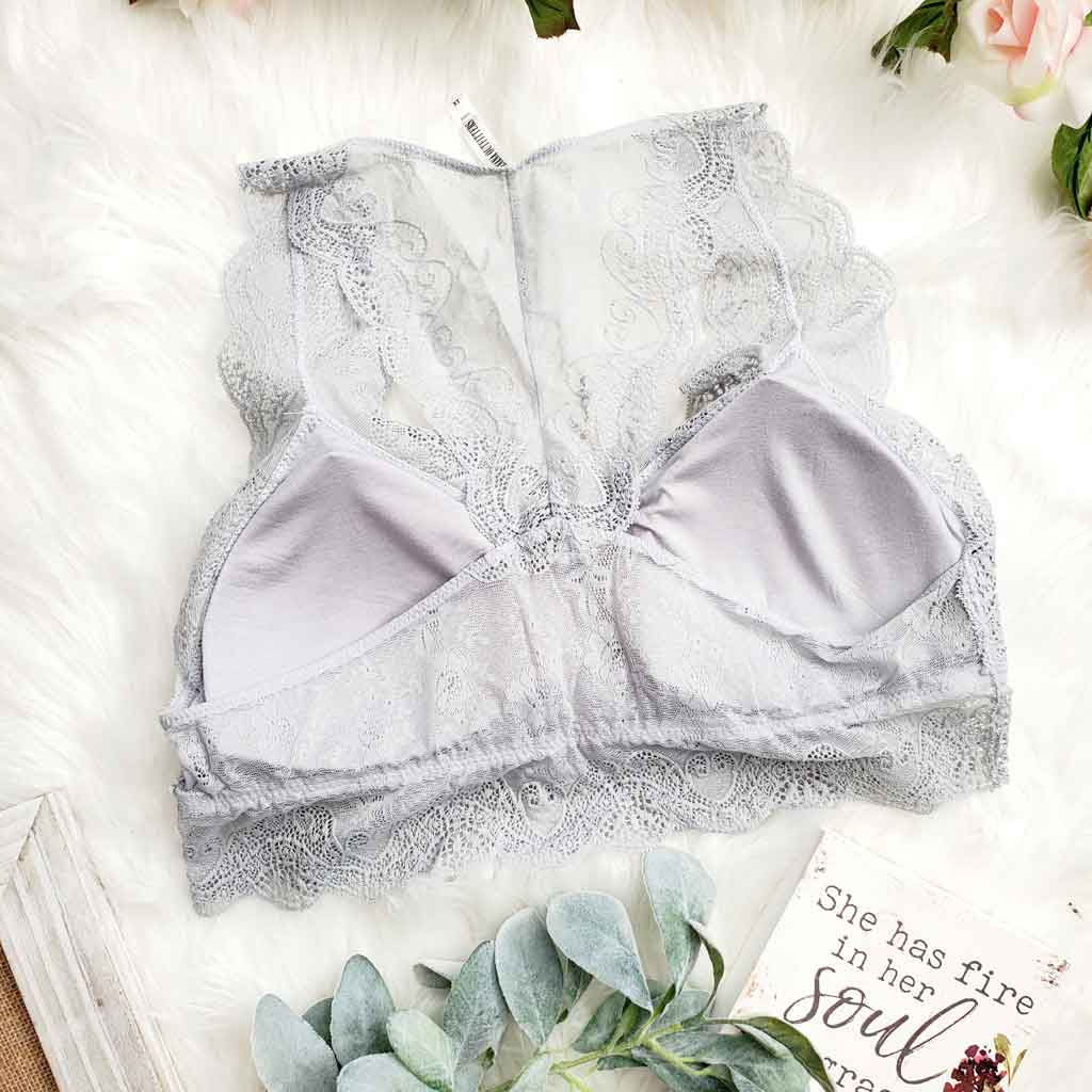 Plus size light grey lace bralette. Back side.