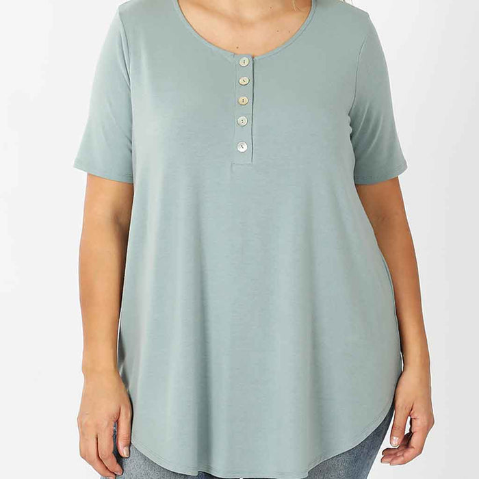 Plus size light green button front comfort blouse.