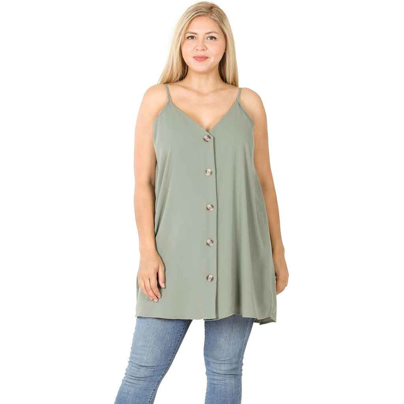 Plus size light olive color button down sleeveless tunic top.