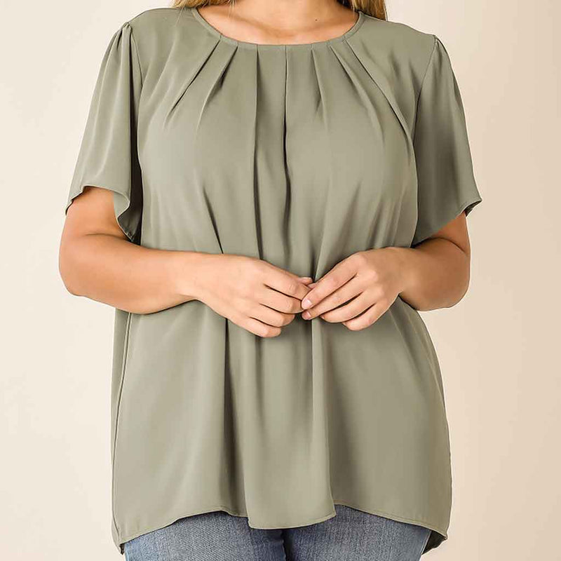 Plus size light olive color short sleeve top with gathered detailing.
