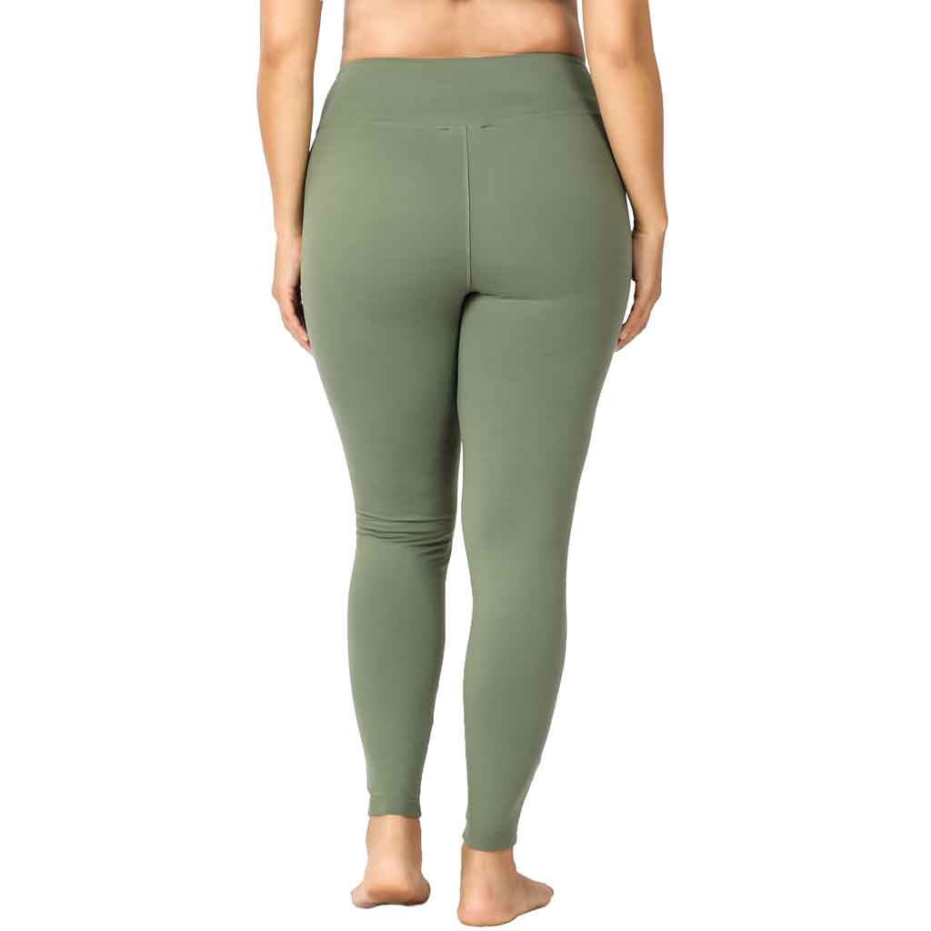 Plus size olive color microfiber leggings. Back side.