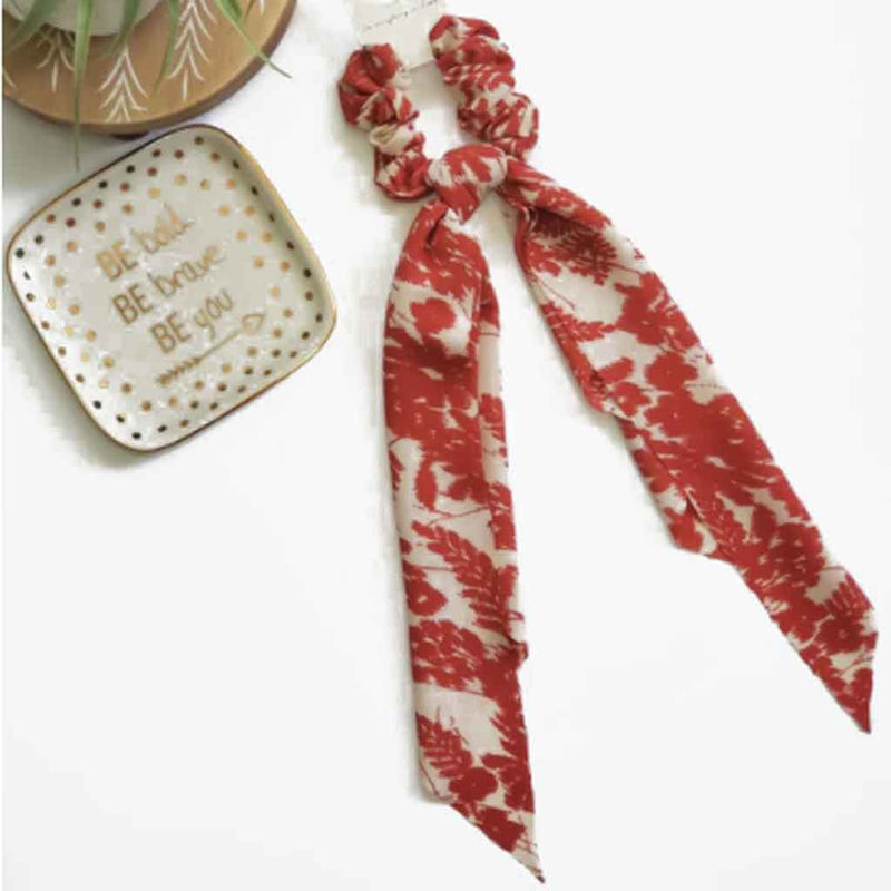 Red color floral print scarf hair tie.