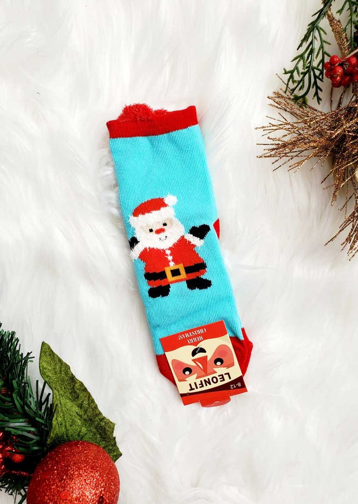 Kids holiday socks with Santa image.