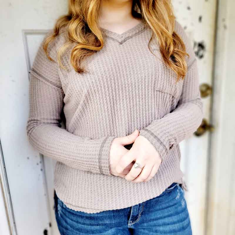 V-Neck Long Sleeve Waffle Top