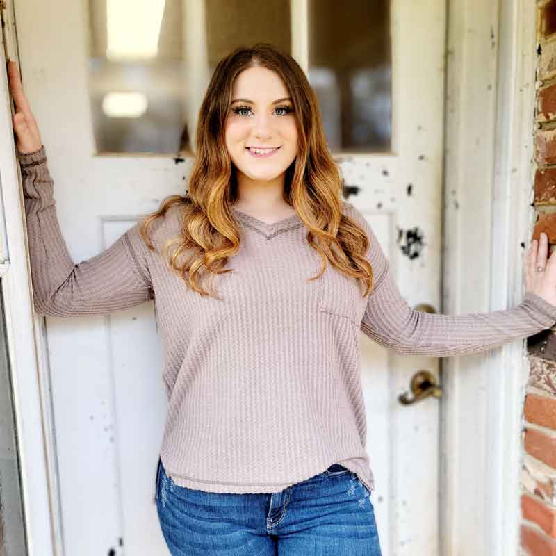 V-Neck Long Sleeve Waffle Top