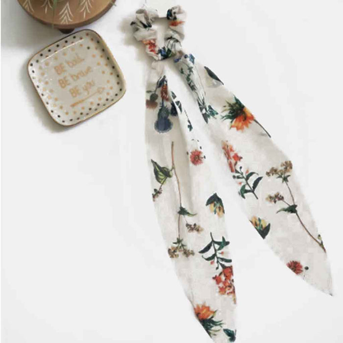 White color floral print scarf hair tie.