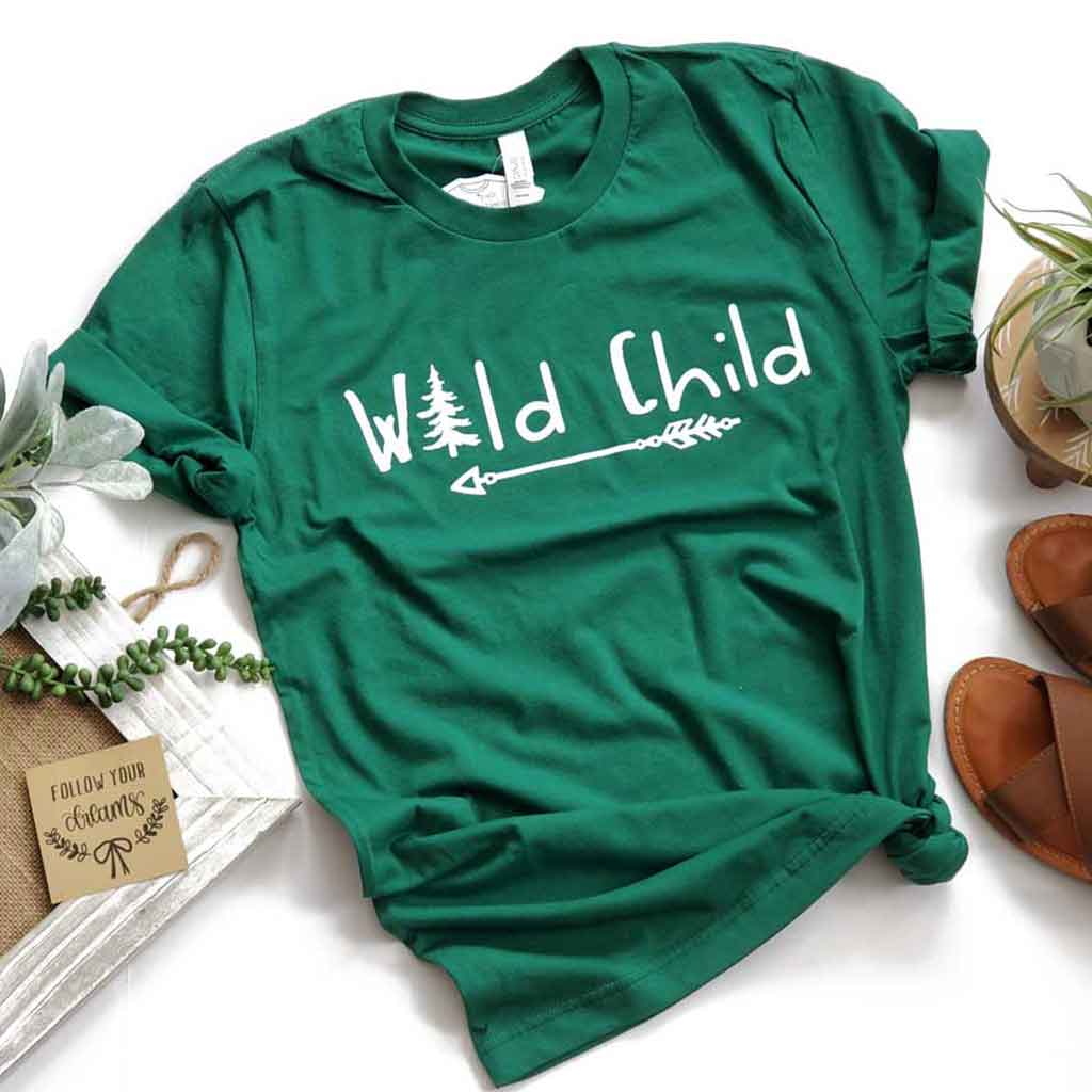 Dark green color tee with quote: "Wild Child" and arrow image.